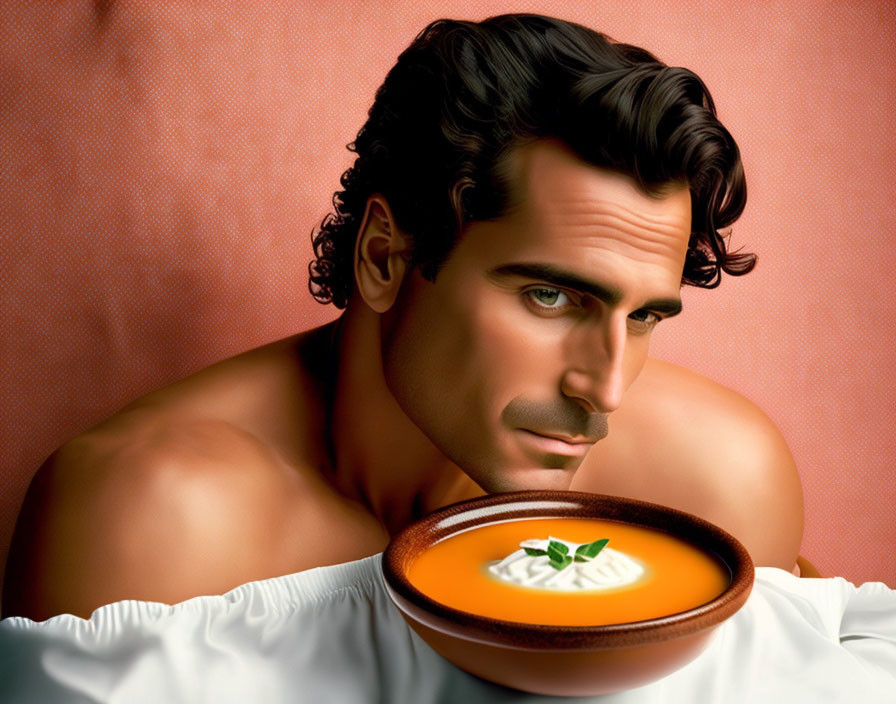 Shirtless man with dark curly hair admiring soup bowl on warm background