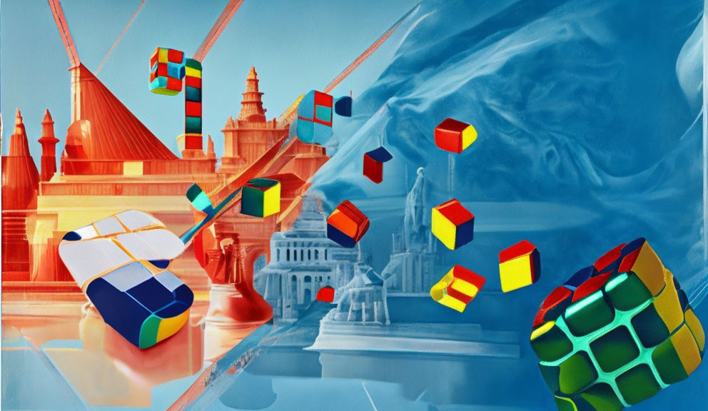 Surreal artwork featuring suspended Rubik's Cubes, split iconic monuments, and a half-sub