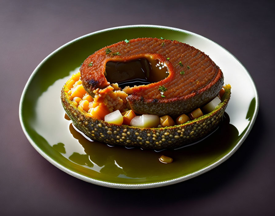 Round cut of meat with glaze, green lentils, diced vegetables, and savory sauce.