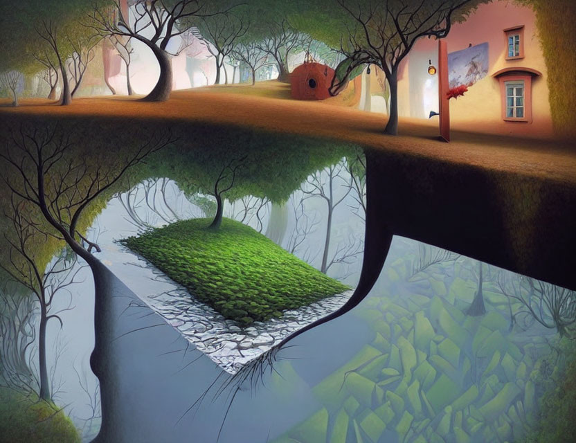 Surreal landscape painting: inverted perspectives, curved ground, underwater world with fish and tree