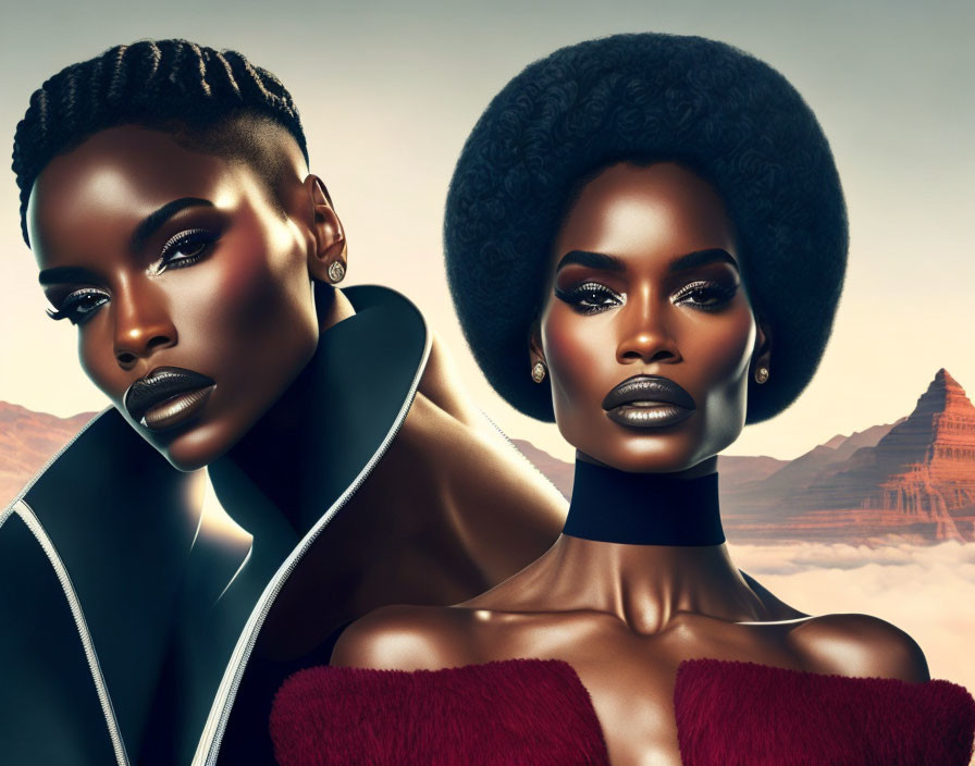 Stylized portraits of women with striking makeup and hair in desert mountain backdrop