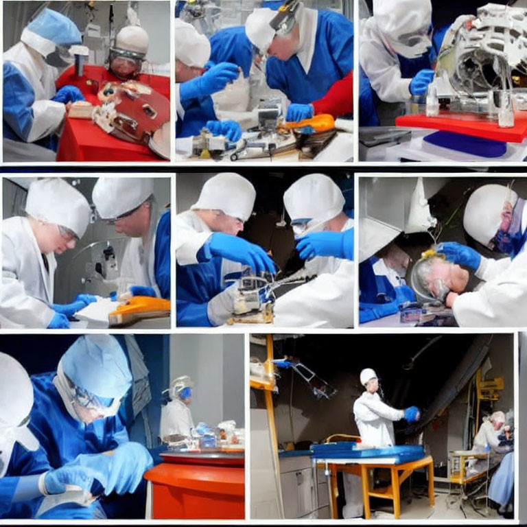 Technicians in lab coats assembling mechanical parts in high-tech lab