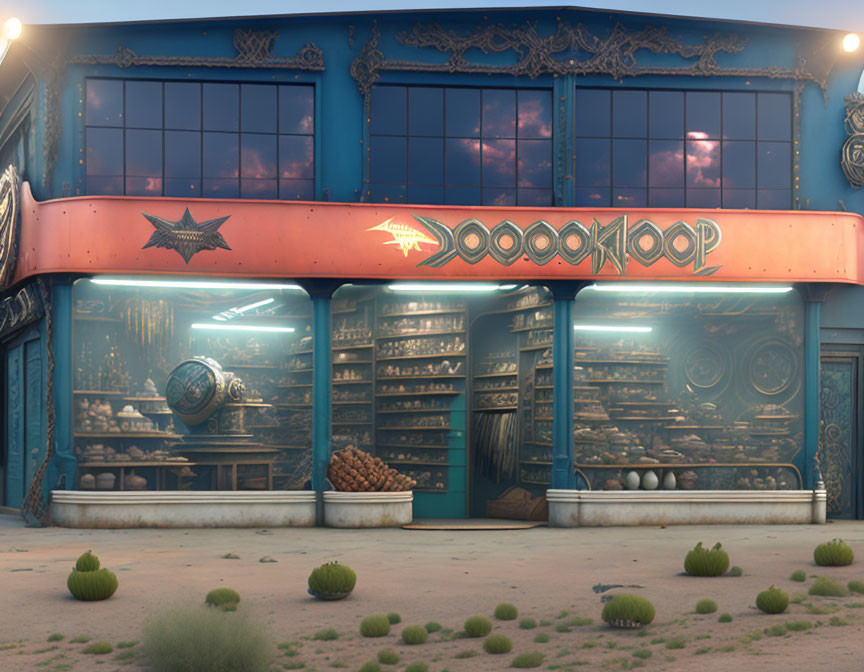 Retro-futuristic storefront with mechanical parts display under blue sky