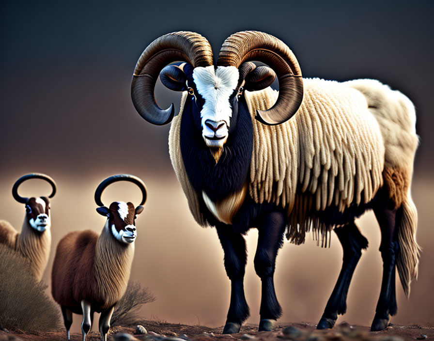 Wild mouflon sheep with prominent curved horns on brown terrain.