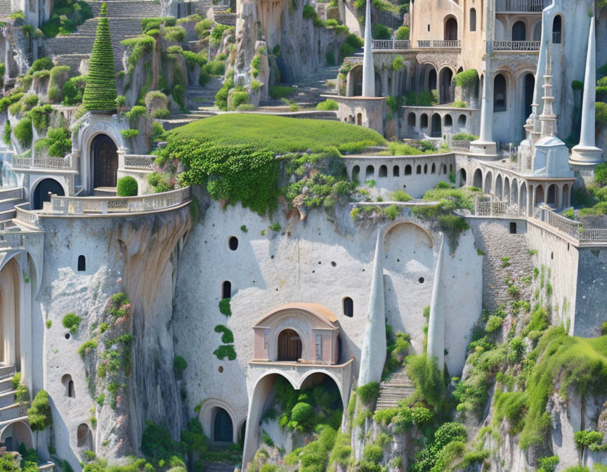 Cliffside city with arched doorways and overgrowth