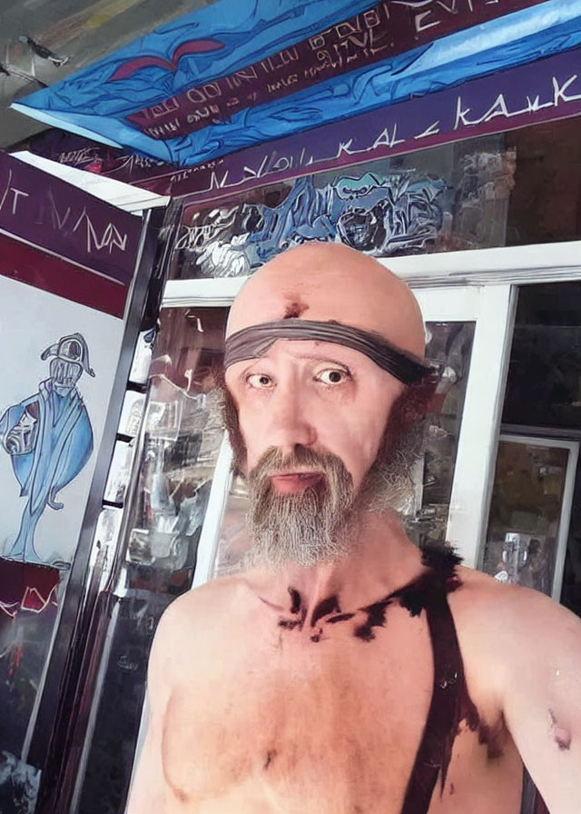 Surprised shirtless man with headband in front of graffiti storefront