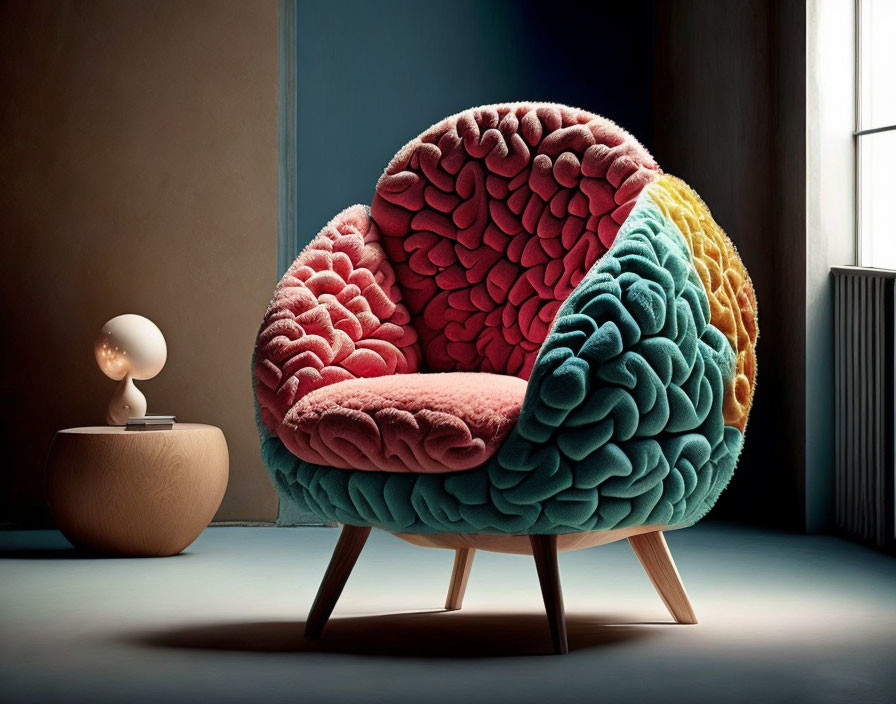 Colorful Brain-Shaped Armchair in Room with Table and Lamp