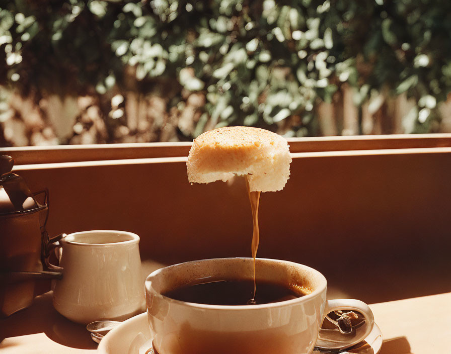 Half-eaten biscuit on coffee cup rim with blurred background