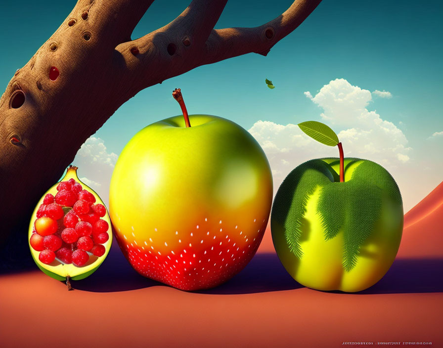 Colorful surreal artwork with oversized fruit on rolling hills background