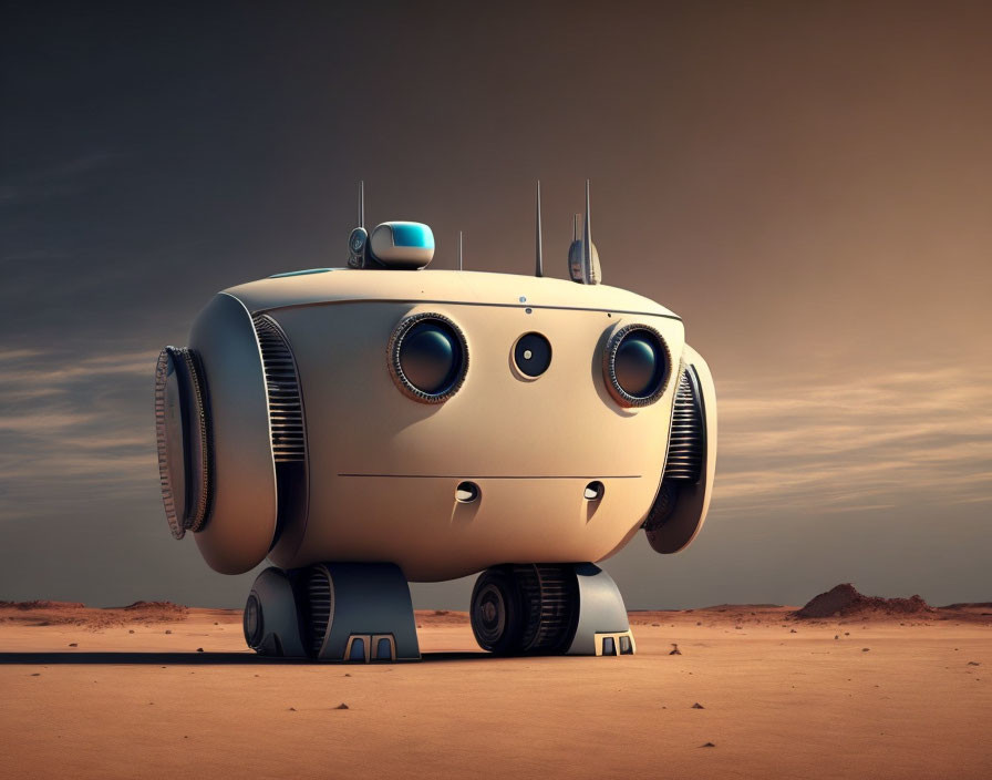 Friendly Cartoon Robot in Desert Landscape with Orange Sky