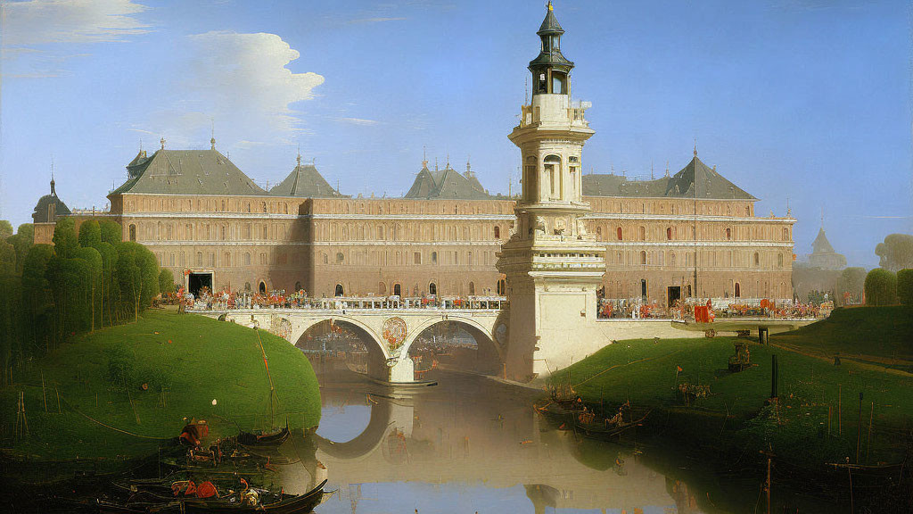 Historic building, tower, bridge, river, boats, clear blue sky