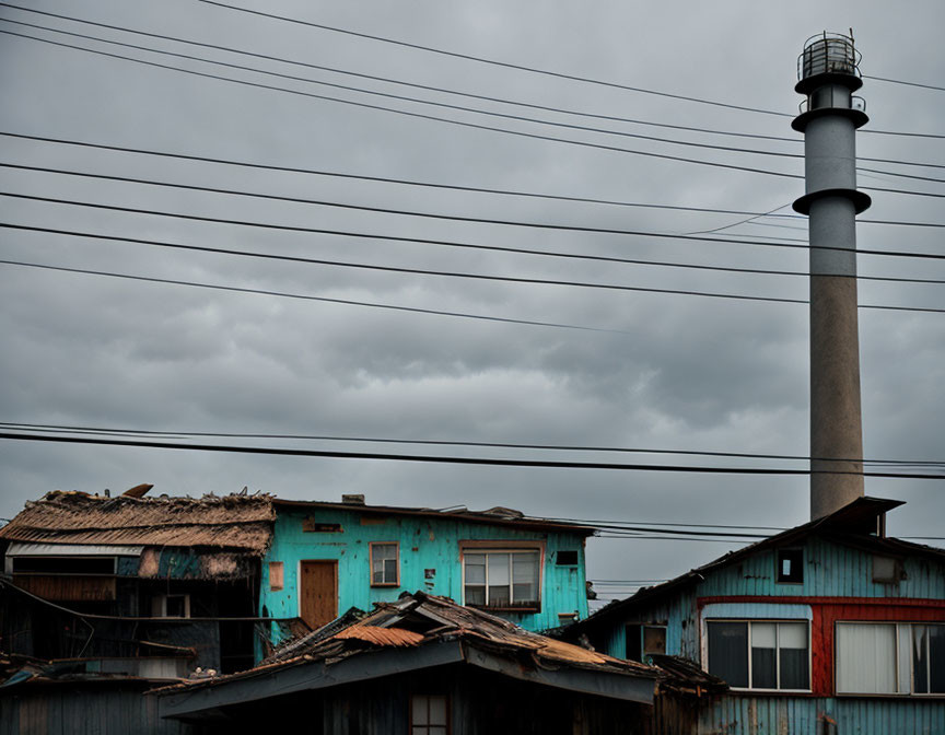 Dilapidated turquoise building with industrial chimney and power lines