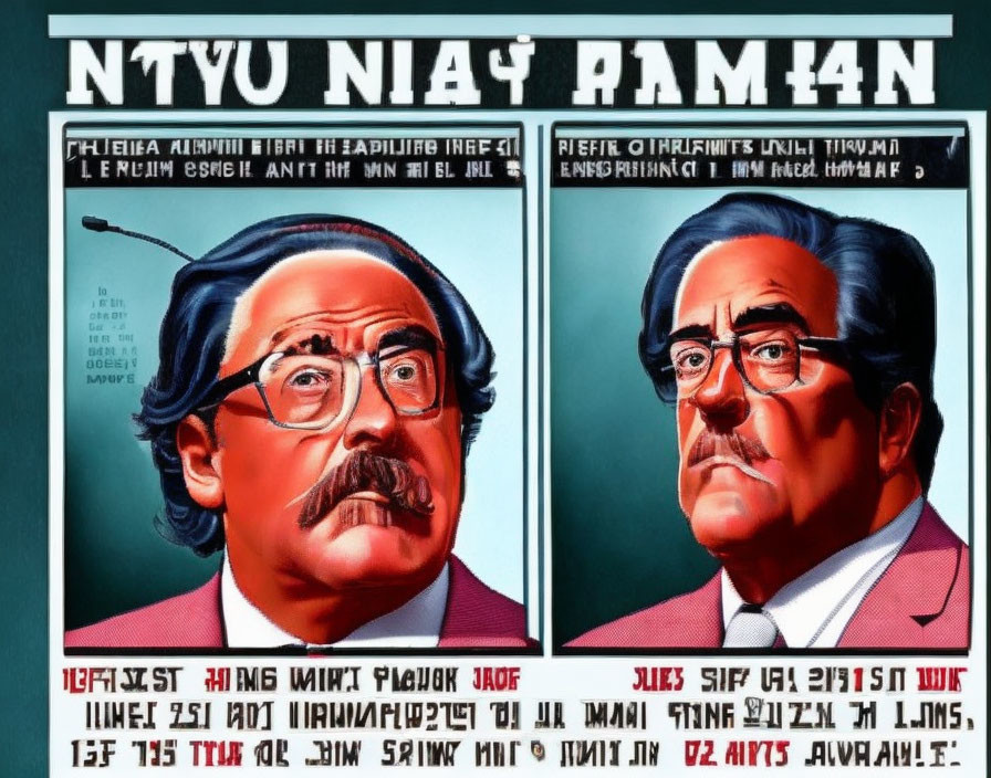 Mirrored graphic of man with glasses and mustache, inverted color scheme and text.