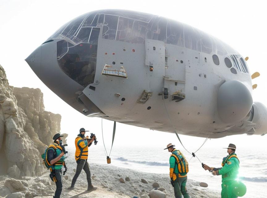 Workers in safety vests securing aerospace vehicle with ropes on beach