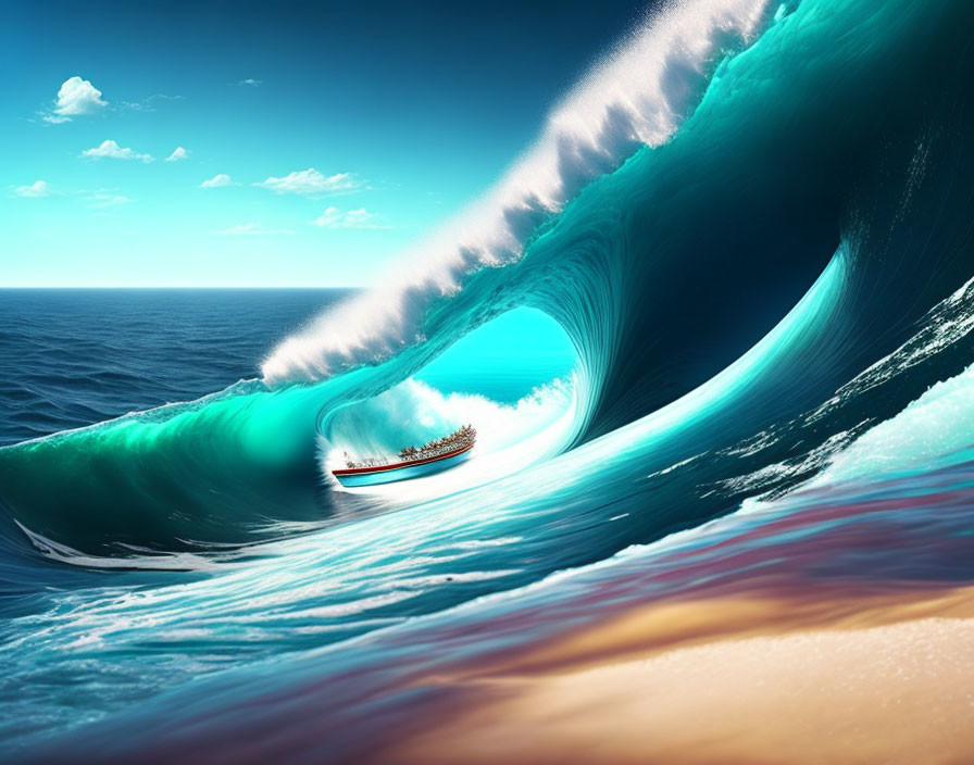 Digital artwork: Huge waves crashing over ship near beach under blue sky