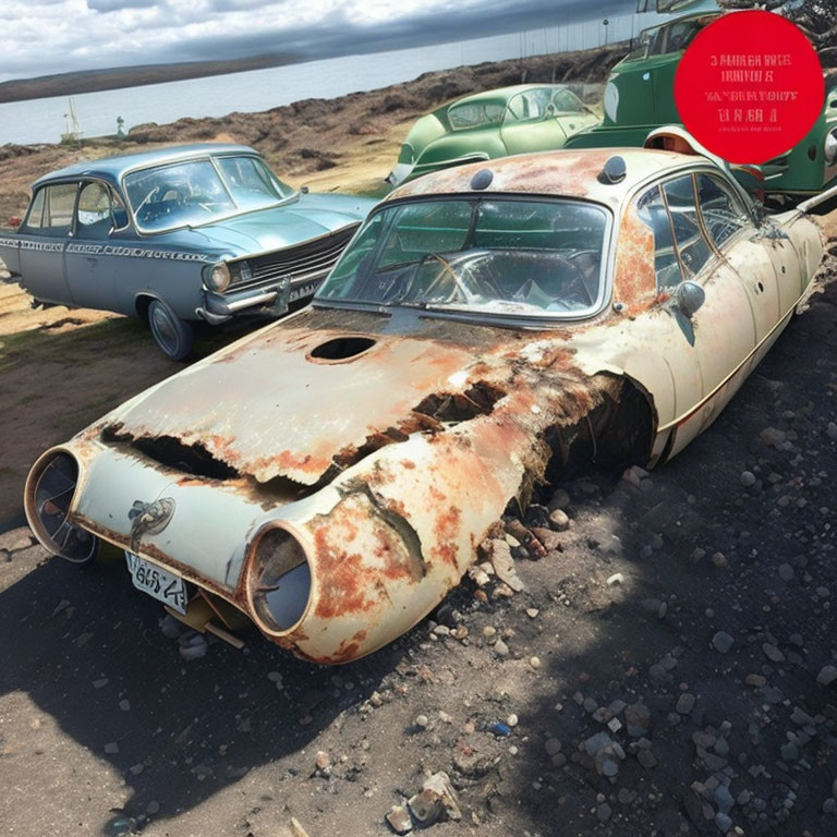 Collection of vintage cars in decay under cloudy sky