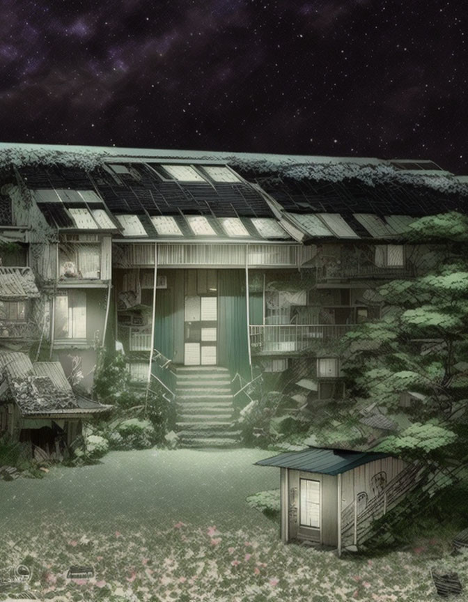 Illustration of overgrown apartment building at night with starry sky, solar panels, and small shed