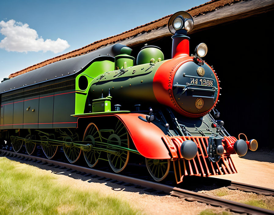 Vintage Steam Locomotive Emerges from Train Shed in Vibrant Green and Red