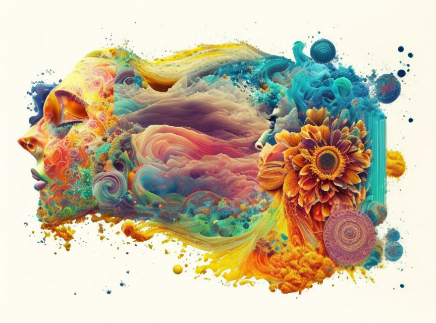 Colorful Abstract Artwork with Swirling Patterns and Floral Elements