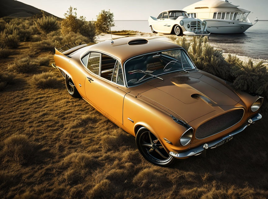 Vintage golden car parked near shore with yacht at sunset