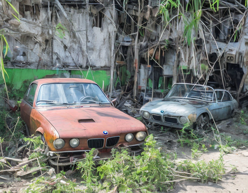 Abandoned red and faded cars with overgrown vegetation near rundown building