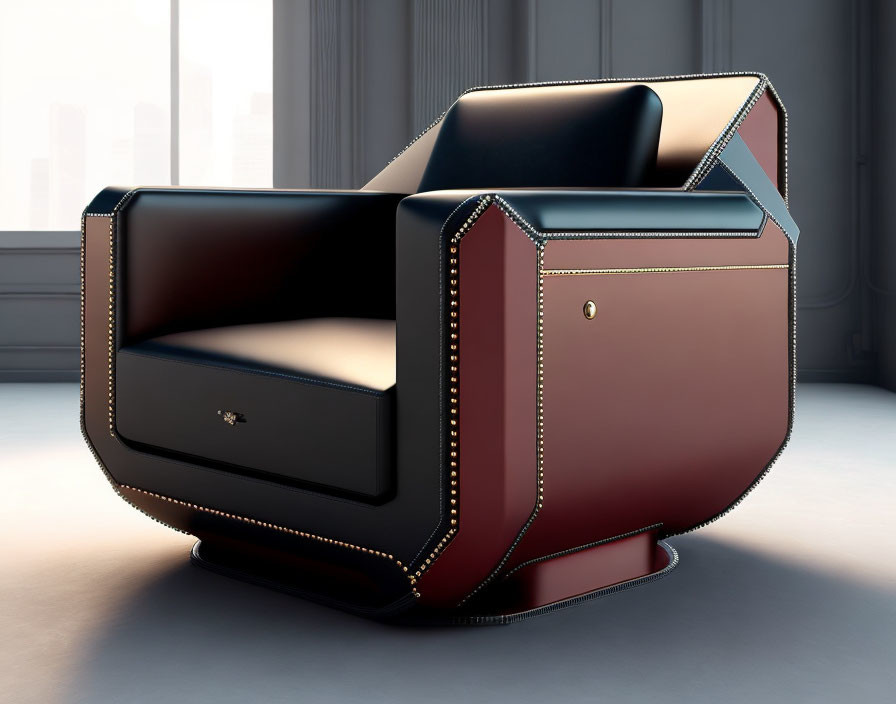 Black and Burgundy Leather Armchair with Drawer and Metallic Accents