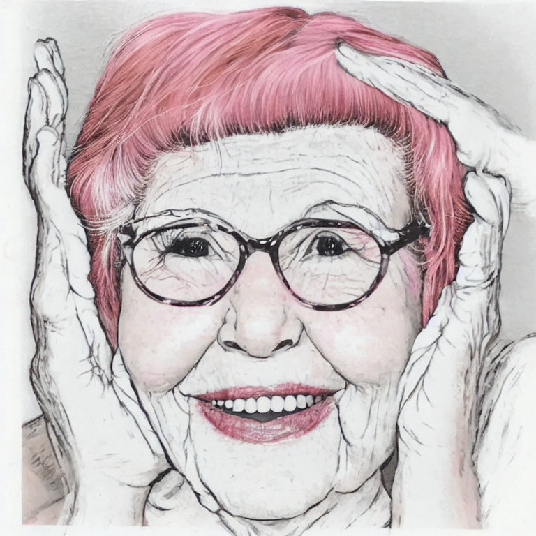 Elderly woman with pink hair and round glasses smiling