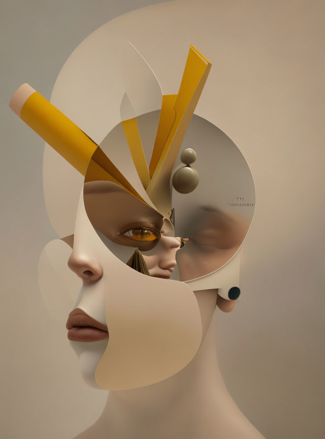 Deconstructed human face with geometric shapes on beige background