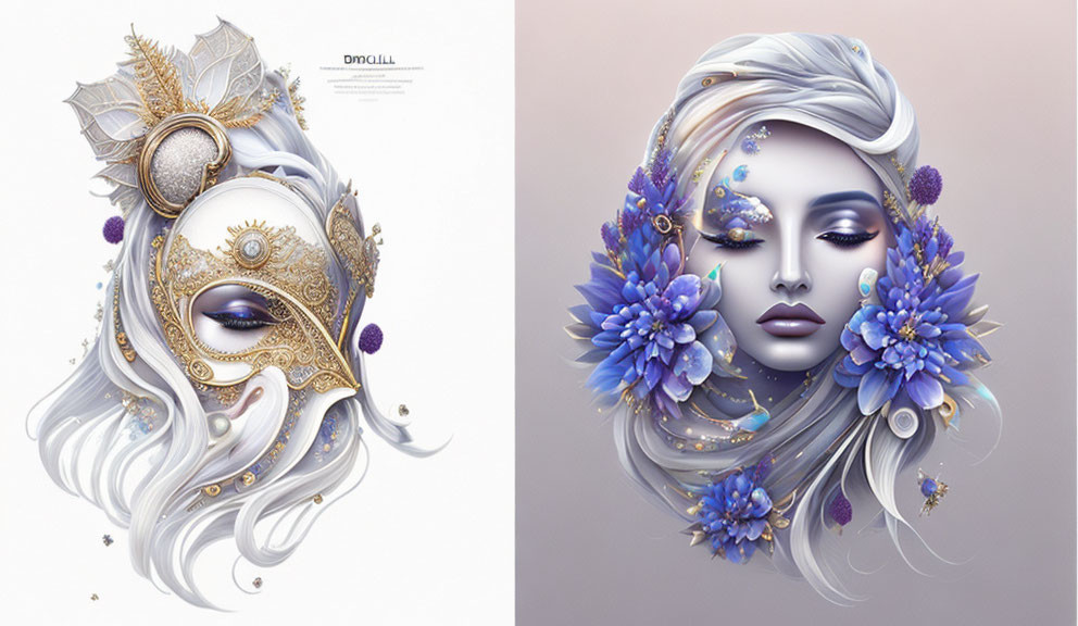 Symmetric fantasy-style female faces with floral masks in cool tones