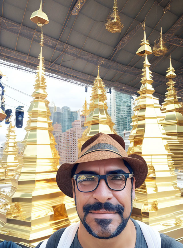 Person in sunglasses and hat smiles with golden pagodas and modern buildings in background.