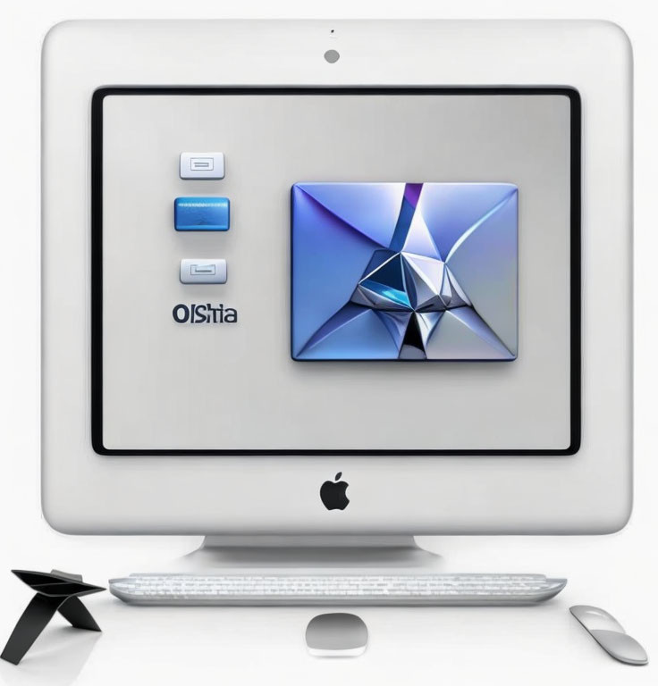 Stylized Apple iMac with Keyboard and Mouse Displaying Operating System Interface Icons