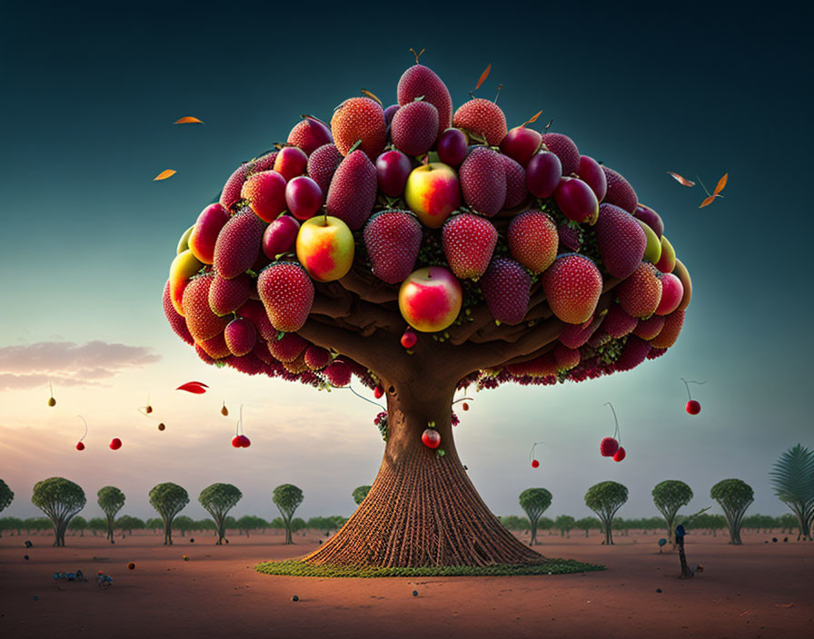 Whimsical tree with oversized fruits in serene landscape at dawn or dusk