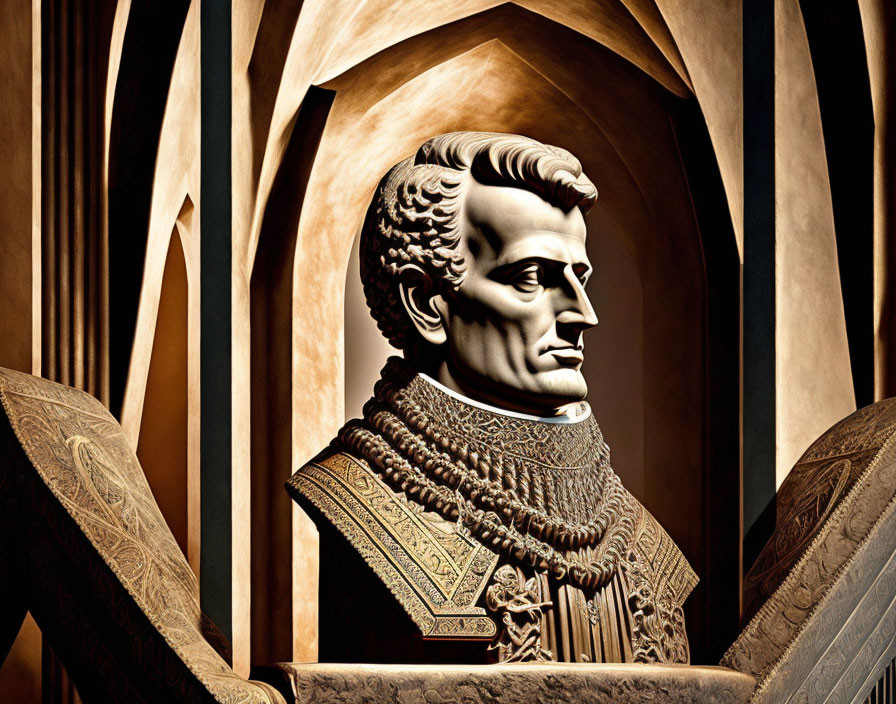 Bronze sculpture of man with prominent cheekbones and ruffled collar against ornate arched backdrop.