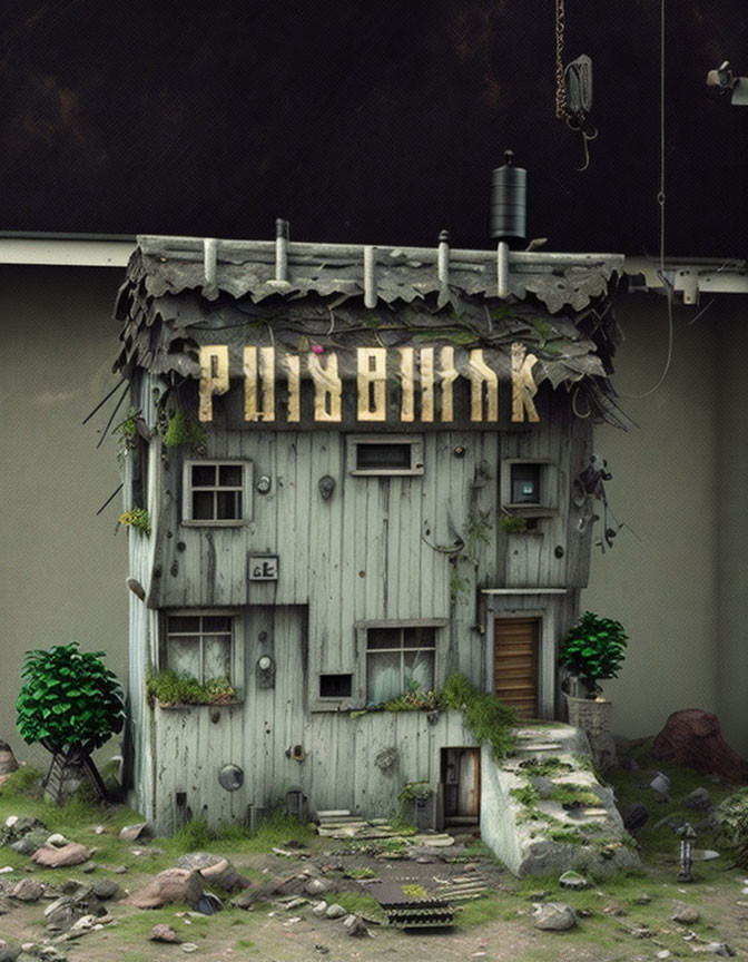 Abandoned two-story wooden building with "Punkbik" sign, surrounded by plants, under