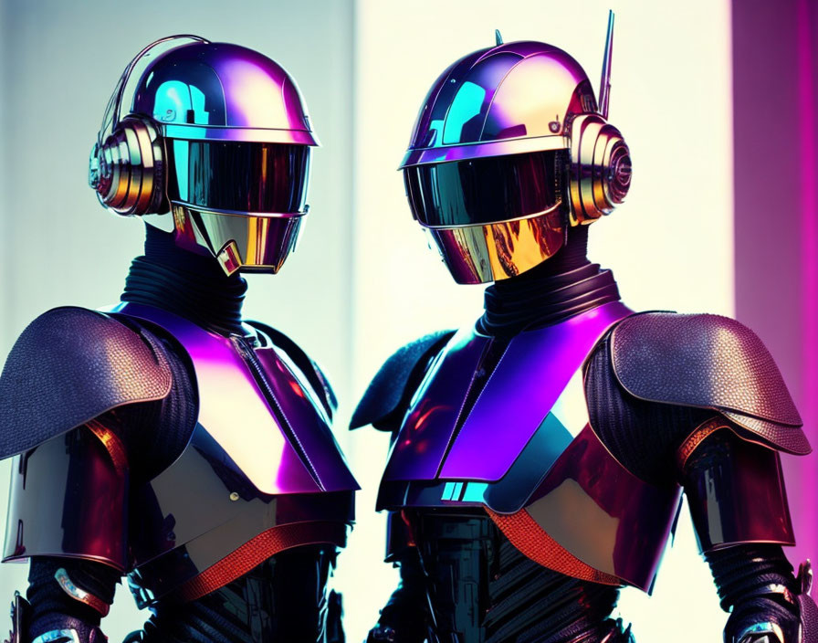 Futuristic robots in reflective helmets and detailed armored suits on pink and blue gradient background