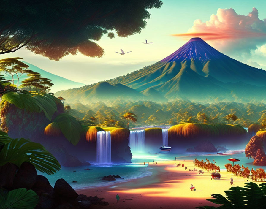 Tranquil landscape with beach, waterfall, forest, volcano, boats, birds, and dusk sky