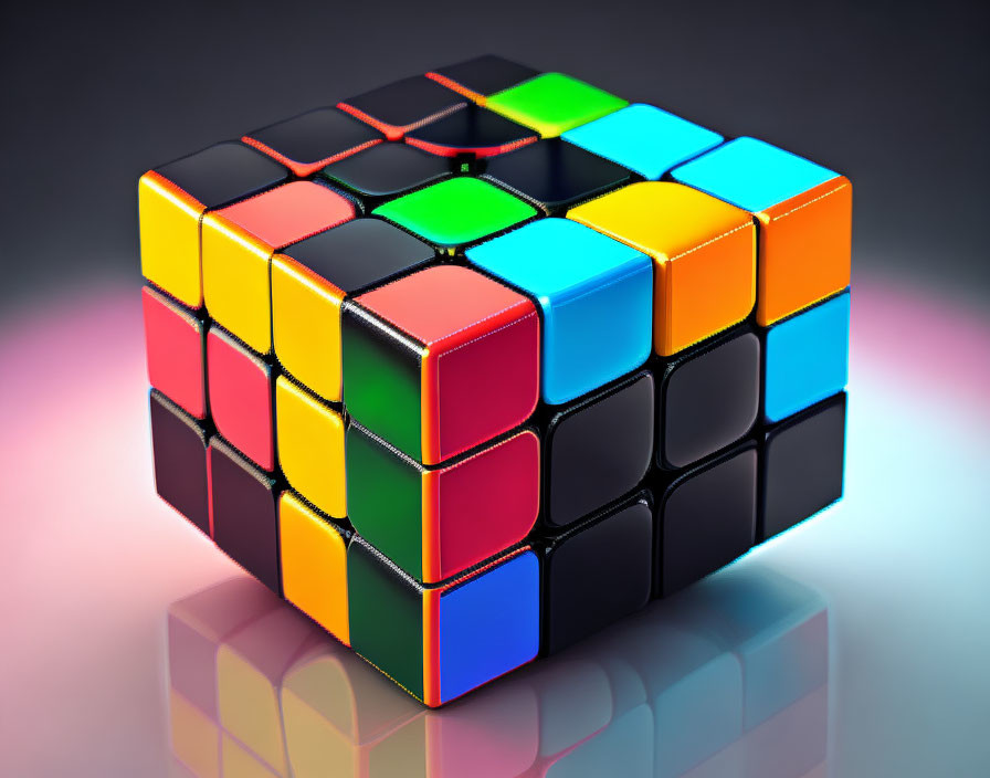 Partially Solved Rubik's Cube on Reflective Surface with Colorful Gradient Background