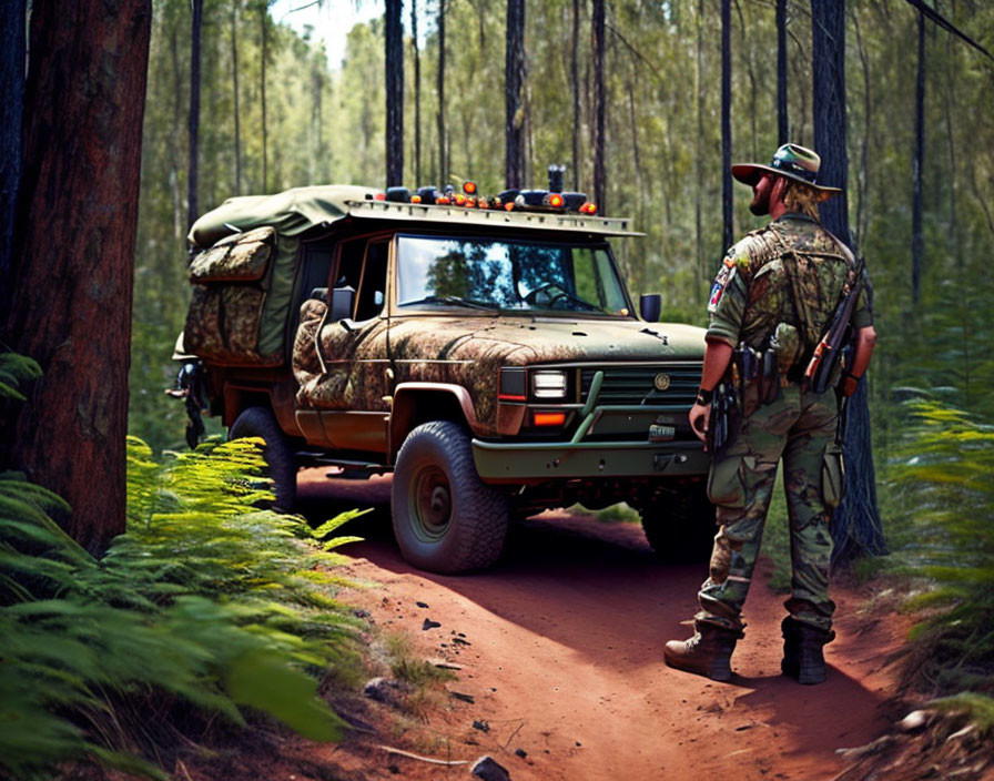 Camouflaged person with off-road vehicle in forest