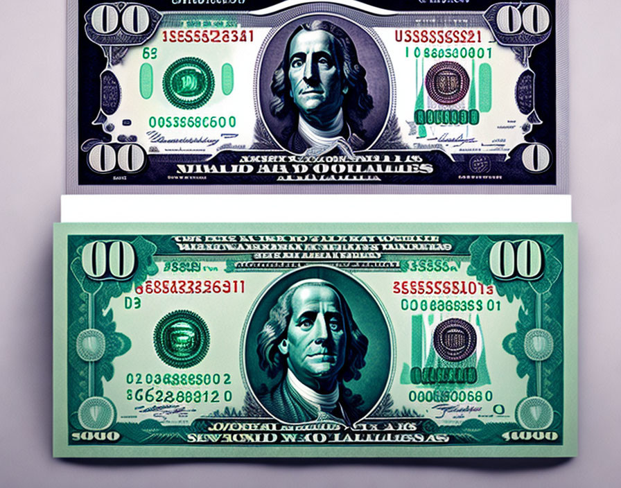 Two U.S. dollar bills: $100 bill over $1 bill with detailed serial numbers and designs