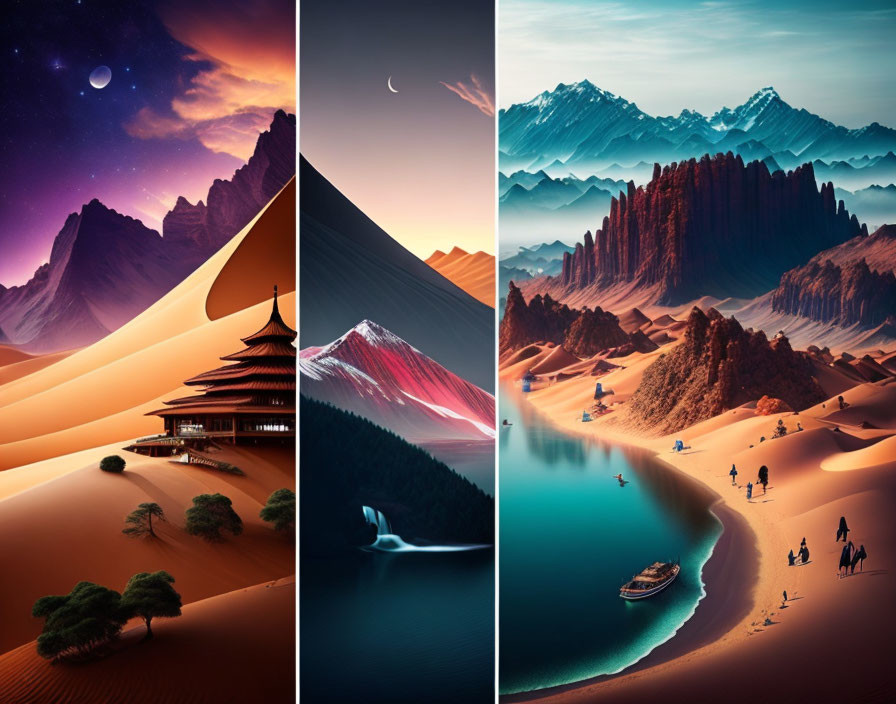 Stylized landscapes with mountains, deserts, and asian architecture in dramatic lighting and color gradients