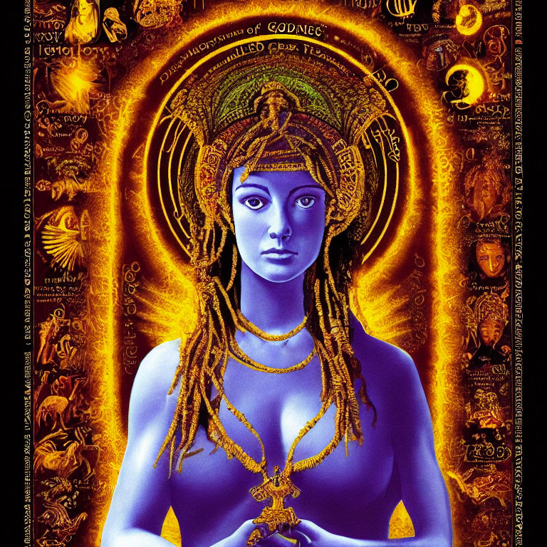 Intricate Artwork with Central Figure and Celestial Motifs