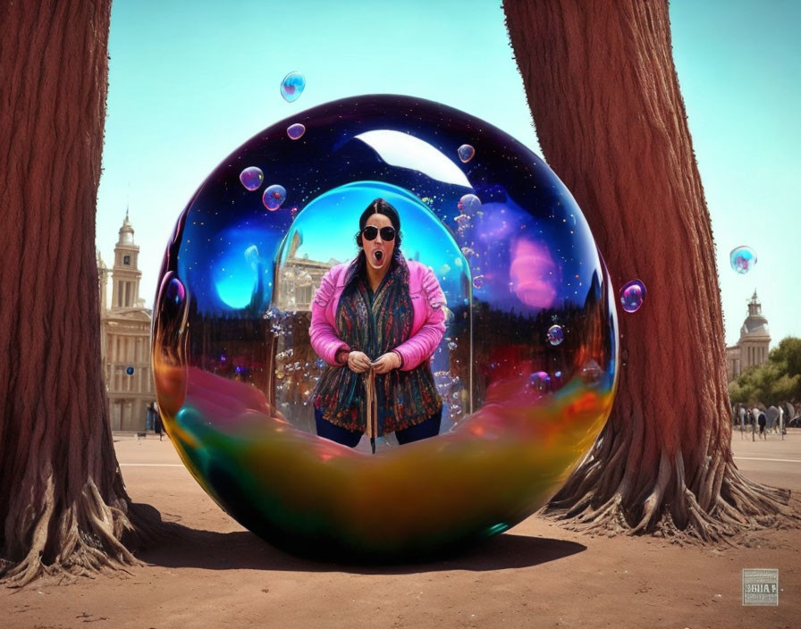 Person in Sunglasses Inside Iridescent Soap Bubble with Cosmic Reflections