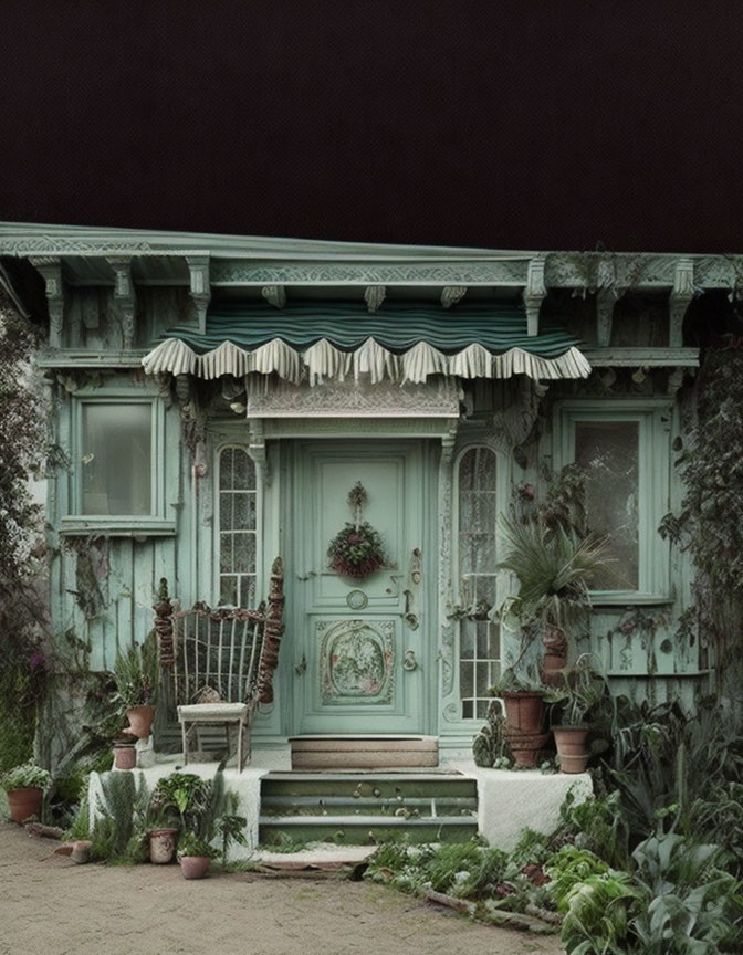 Vintage Green Wooden House with Rocking Chair and Potted Plants