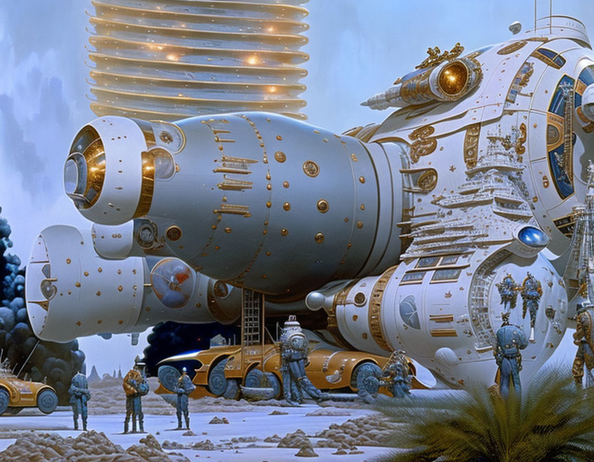 Detailed futuristic cityscape with mechanical structures and space-suited explorers.