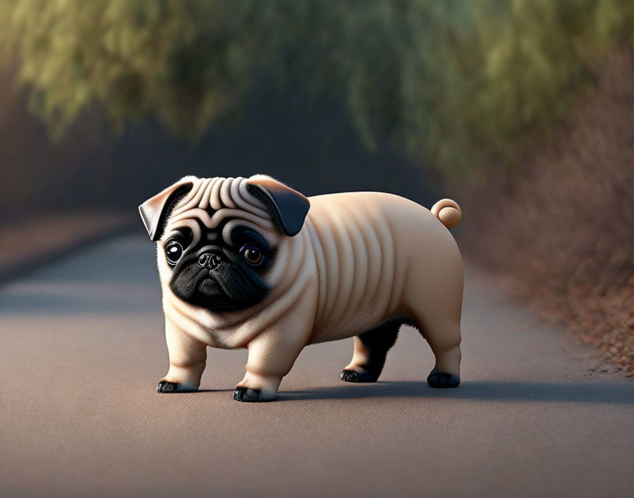 Exaggerated 3D pug illustration with loaf-like body on road