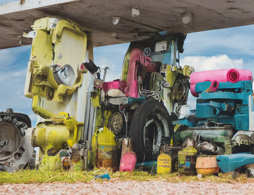 Vibrant old truck parts and machinery under blue sky