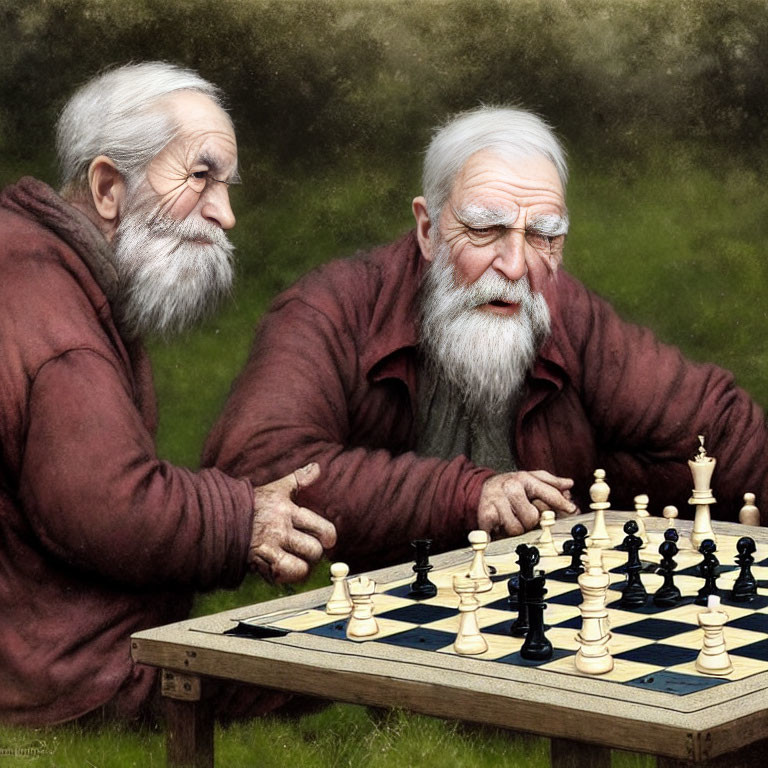 Elderly men with white beards playing chess outdoors