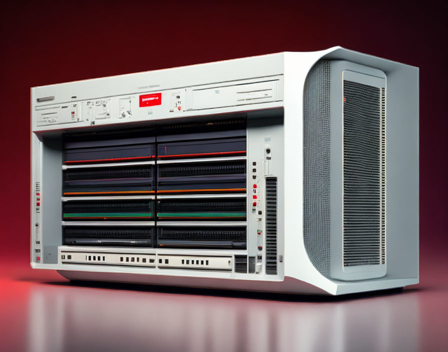 Vintage Mainframe Computer with Tape Drives and Buttons on Red Background