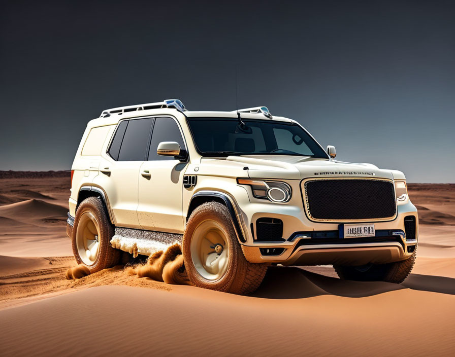 Luxury White SUV with Custom Grille Driving in Desert Dunes