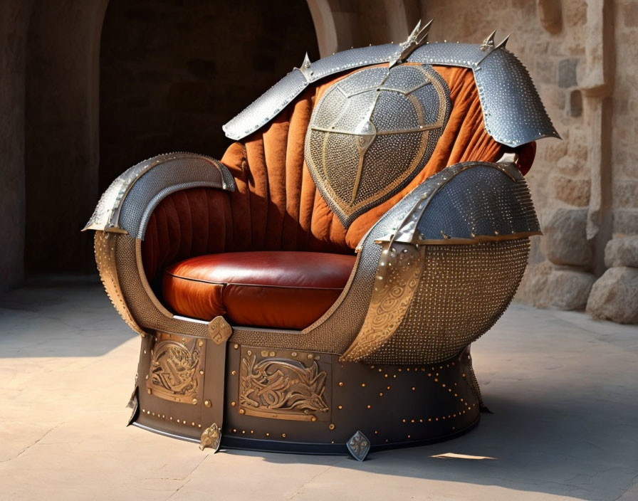 Medieval armor-inspired armchair with metal helmet backrest and chainmail details against stone archway